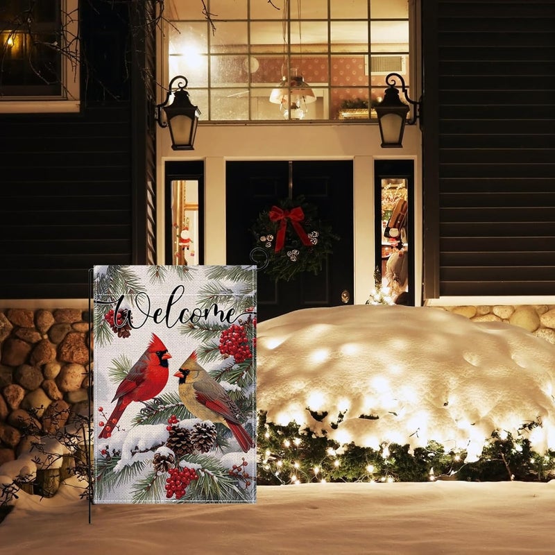 ONFAON Christmas Decorations -Welcome Christmas Garden Flag 12x18 Inch Red Cardinal Bird Twigs Yard Flag Double Sided Holly Berry Snow Seasonal Xmas Winter Yard Flag for Outside Decoration - Image 4